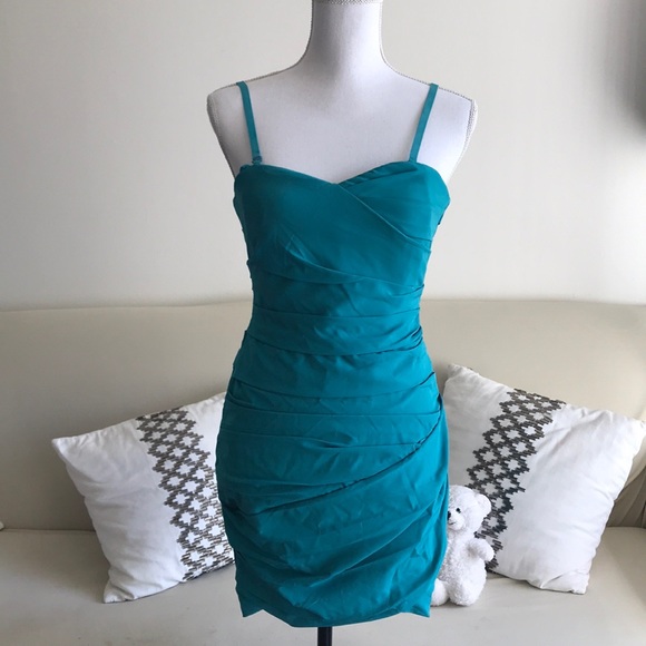 Ruched Teal Cocktail Dress w/ Sweetheart Neckline - Picture 2 of 5